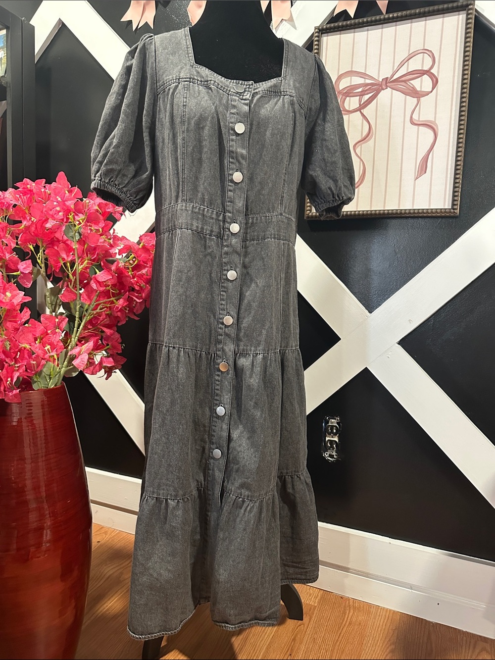 Classic Button-Front Gray Midi Dress